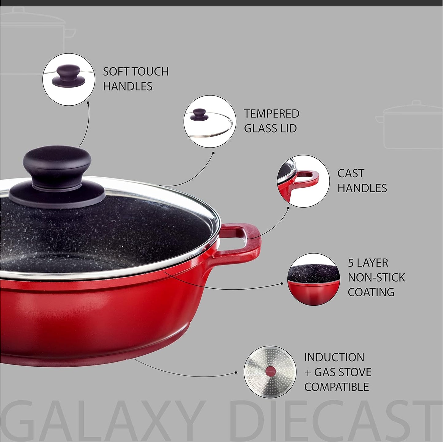 Nouvetta - Diecast 1 Pc Kadai With Lid 26 CM Red & Black