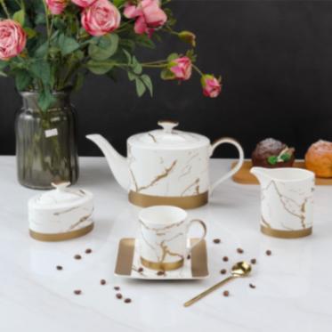 Yamasin Japan - 12 PC CUP & SAUCER SET WHITE+MATT GOL