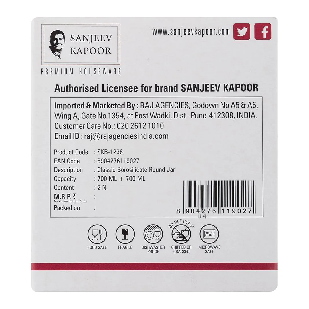 Sanjeev Kapoor - Classic Borosilicate Round Jar Set Of 2Pcs 700Ml- With Gift Box