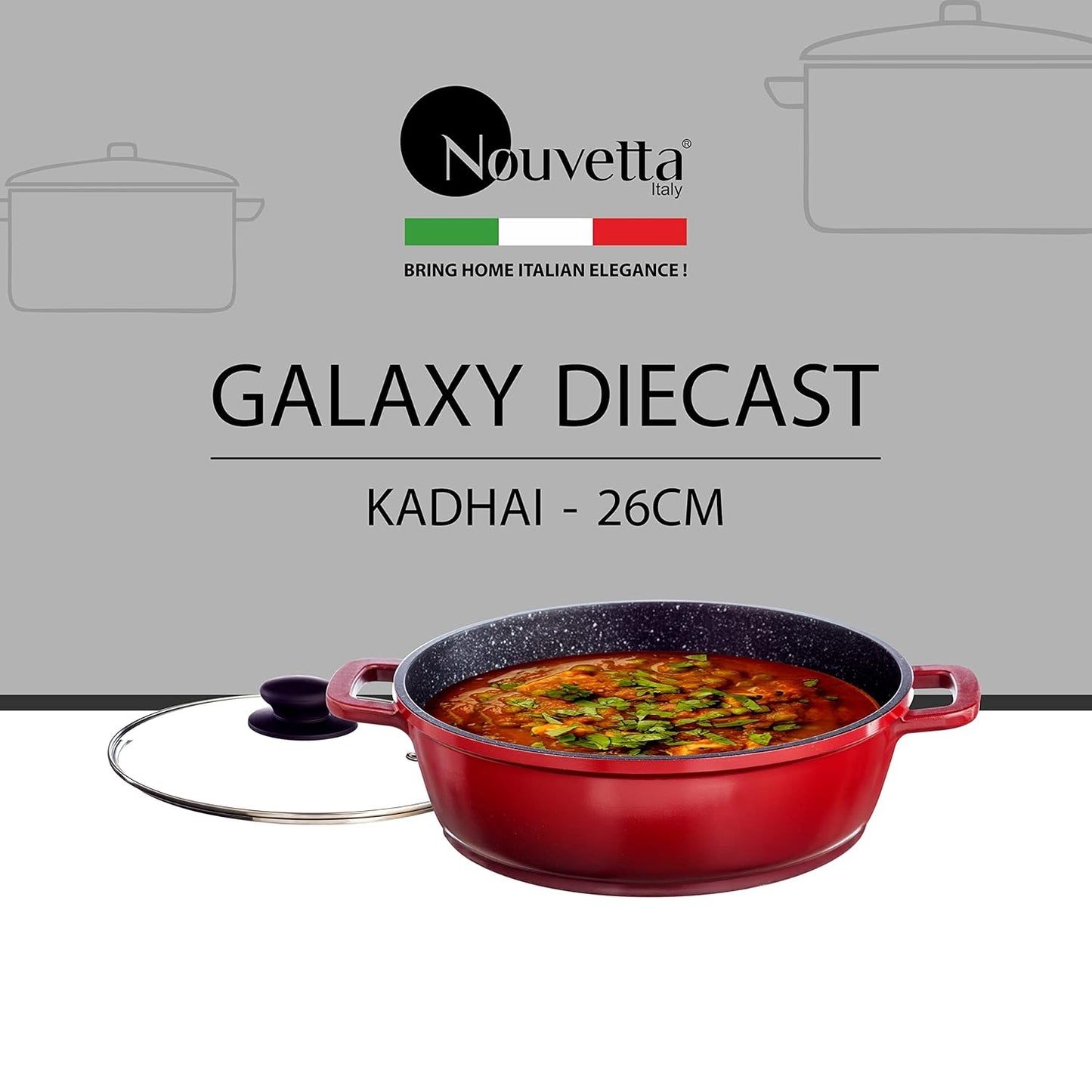 Nouvetta - Diecast 1 Pc Kadai With Lid 26 CM Red & Black