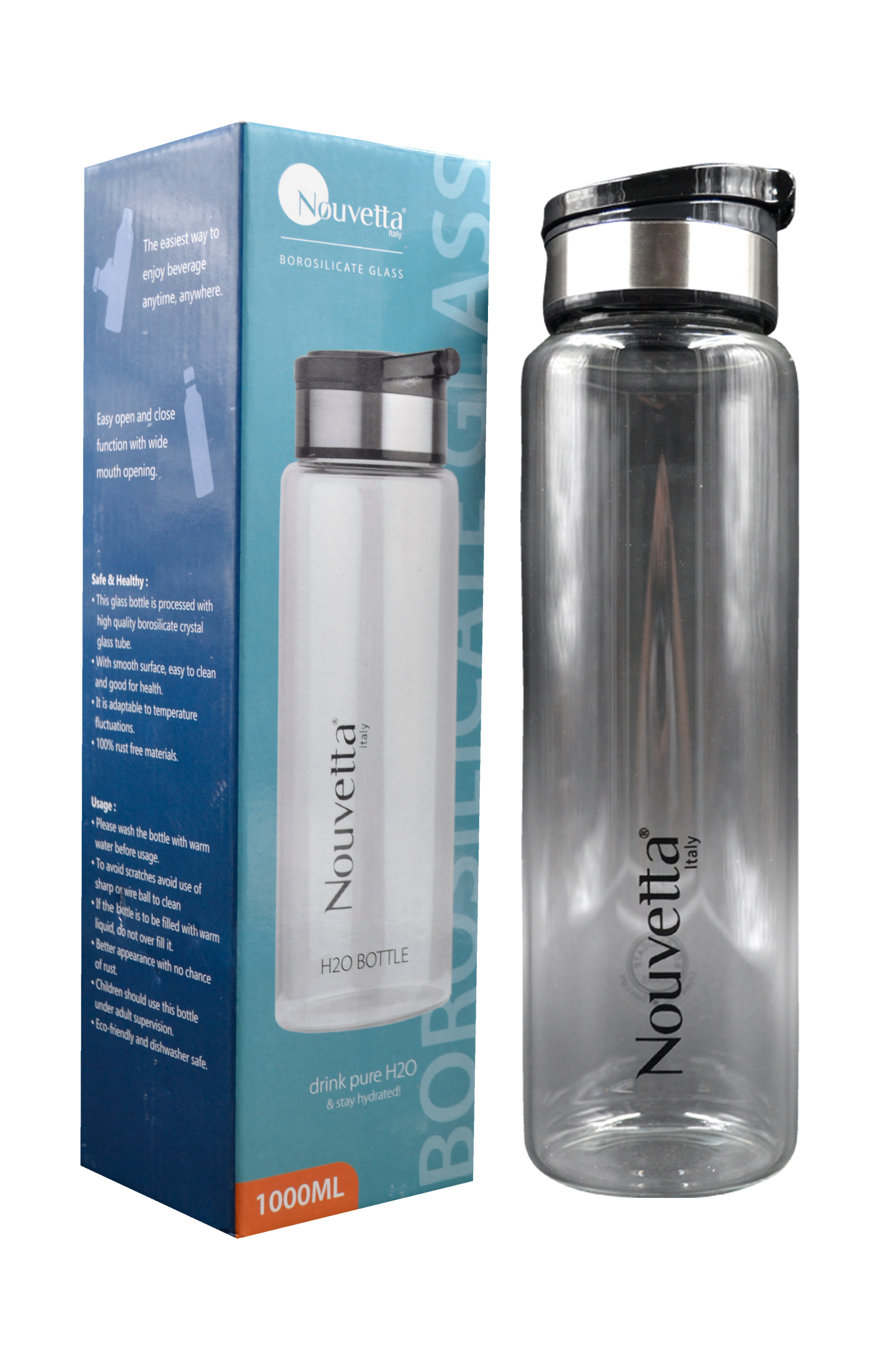 Nouvetta - Norman Borosilicate Bottle 1000 ml - Black Lid