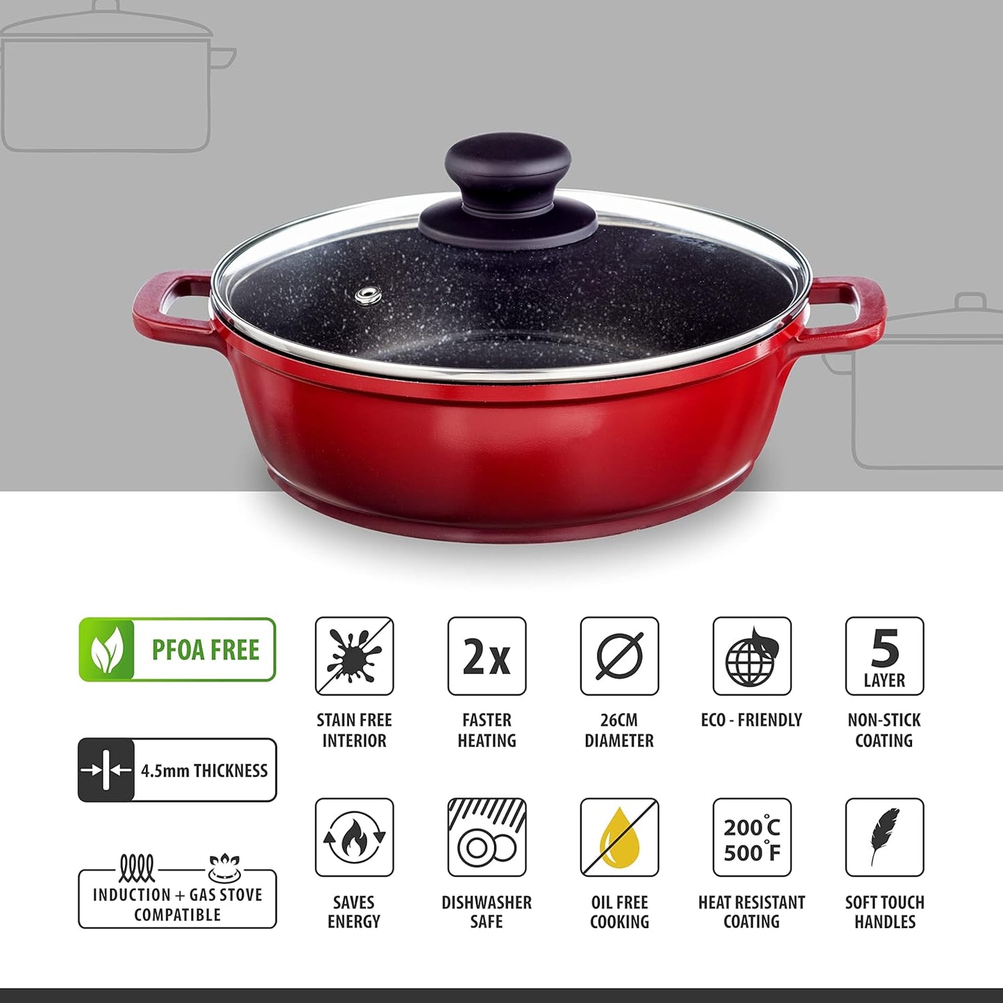 Nouvetta - Diecast 1 Pc Kadai With Lid 26 CM Red & Black