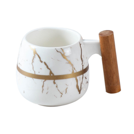 Yamasin Japan - 6 PCS MUG - WITH WOODEN HANDLEWHITE + MATT GOLD - With Gift Box