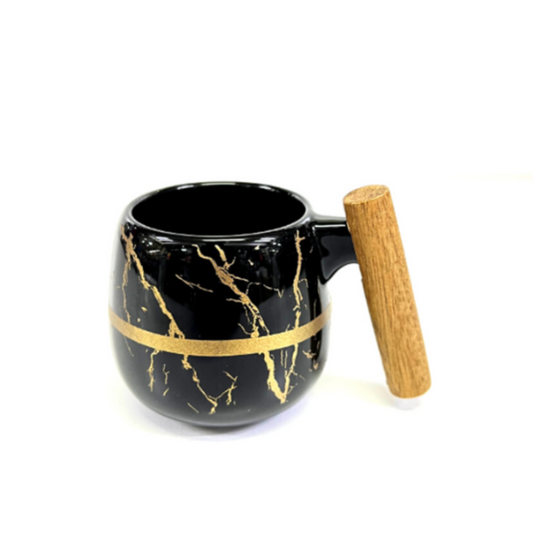 Yamasin Japan - 6 PCS MUG - WITH WOODEN HANDLEBLACK + MATT GOLD - With Gift Box