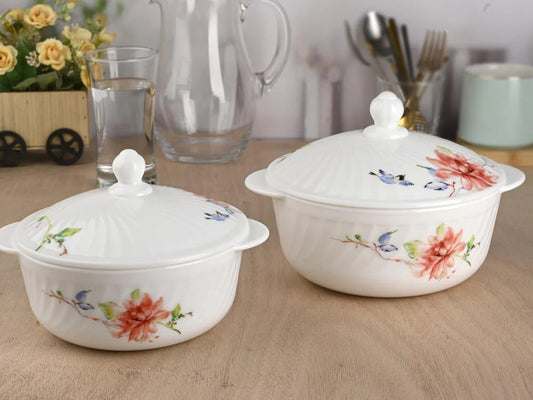 Sanjeev Kapoor - Celosia 4 Pcs White Round Casserole Set - With Lid- 1L +1.5L