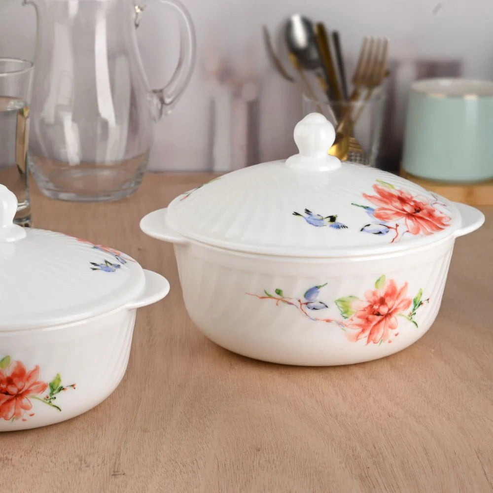 Sanjeev Kapoor - Celosia 4 Pcs White Round Casserole Set - With Lid- 1L +1.5L