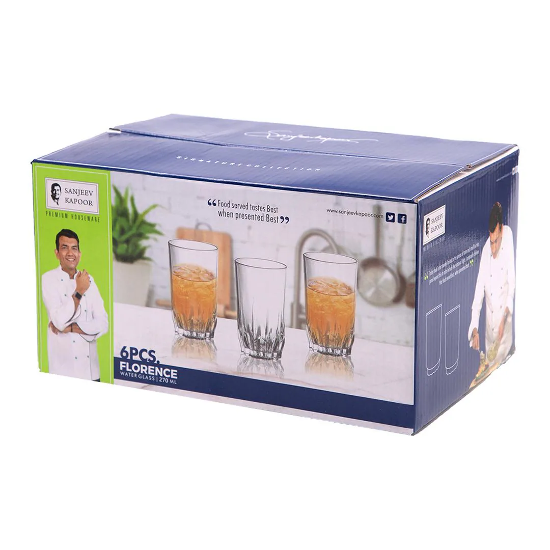 Sanjeev Kapoor - FLORENCE SET OF 6 PC WATER GLASS 270ML- WITH GIFT BOX