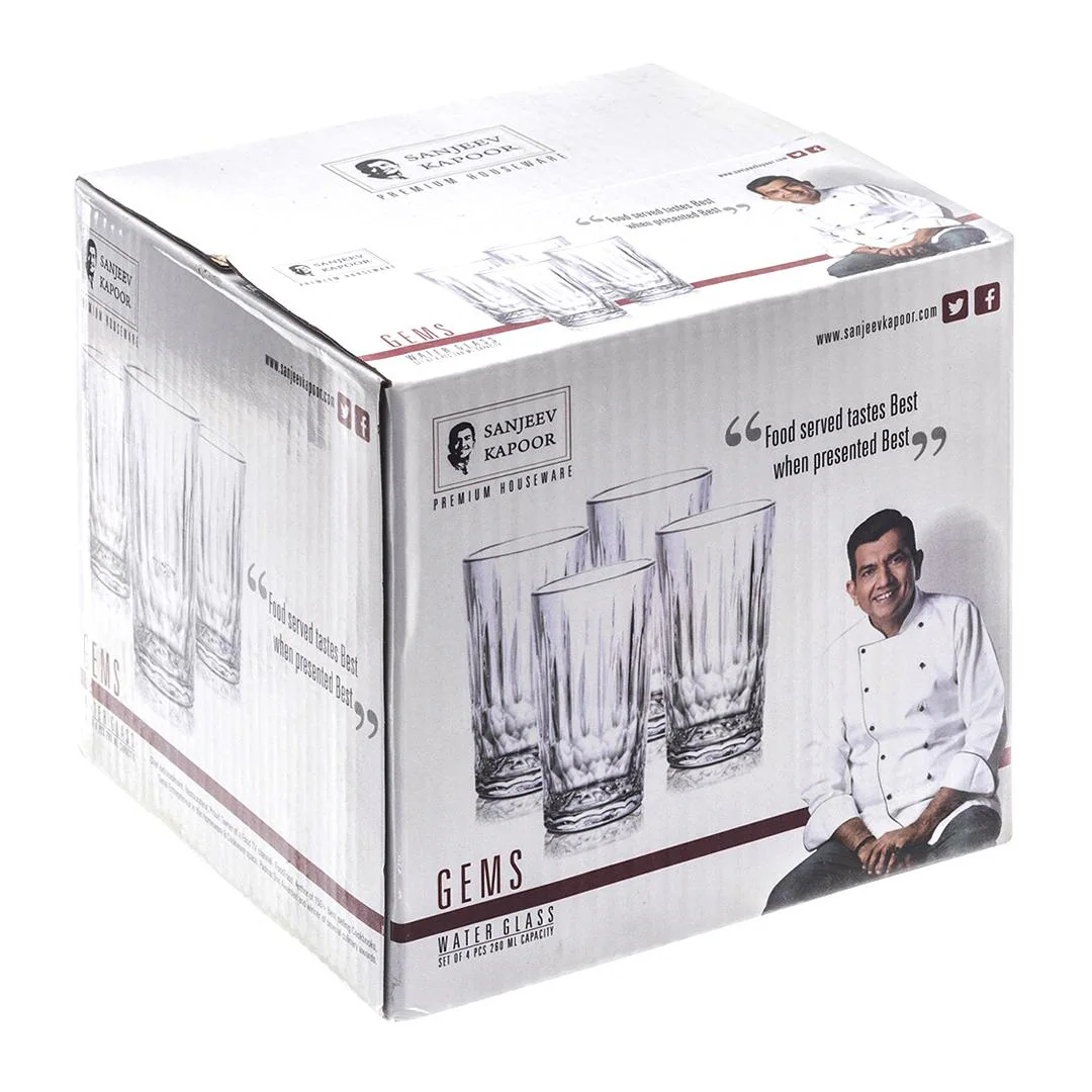 Sanjeev Kapoor - Gems 4 Pc Water Glass 260 Ml Set-With Gift Box