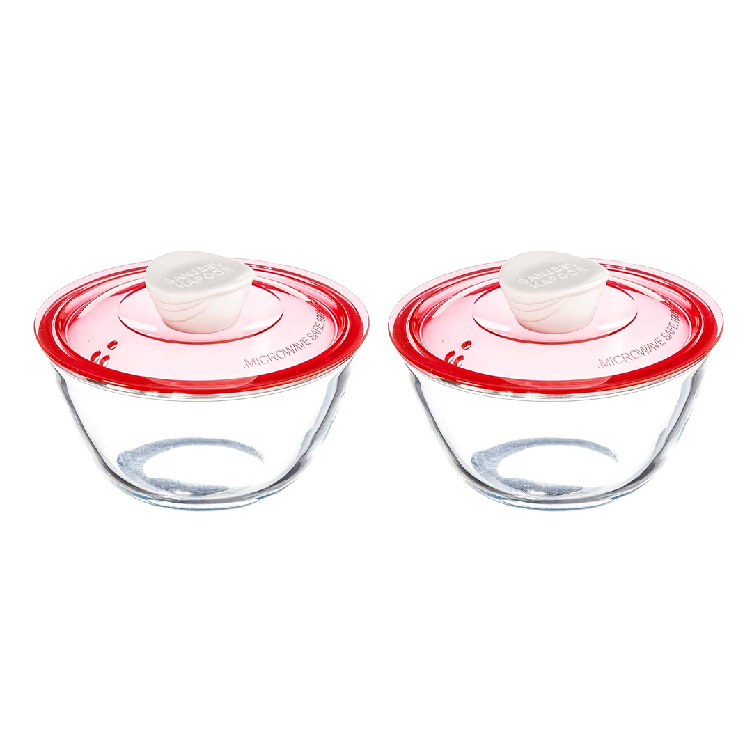 Sanjeev Kapoor - Kingston High Borosilicate Mixing Bowlset Of 2 Pc 1000 Ml - Red Lid - With Gift Box