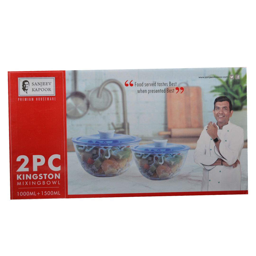 Sanjeev Kapoor - Kingston High Borosilicate Mixing Bowlset Of 2 Pc 1000Ml + 1500 Ml - Red Lid - With Gift Box