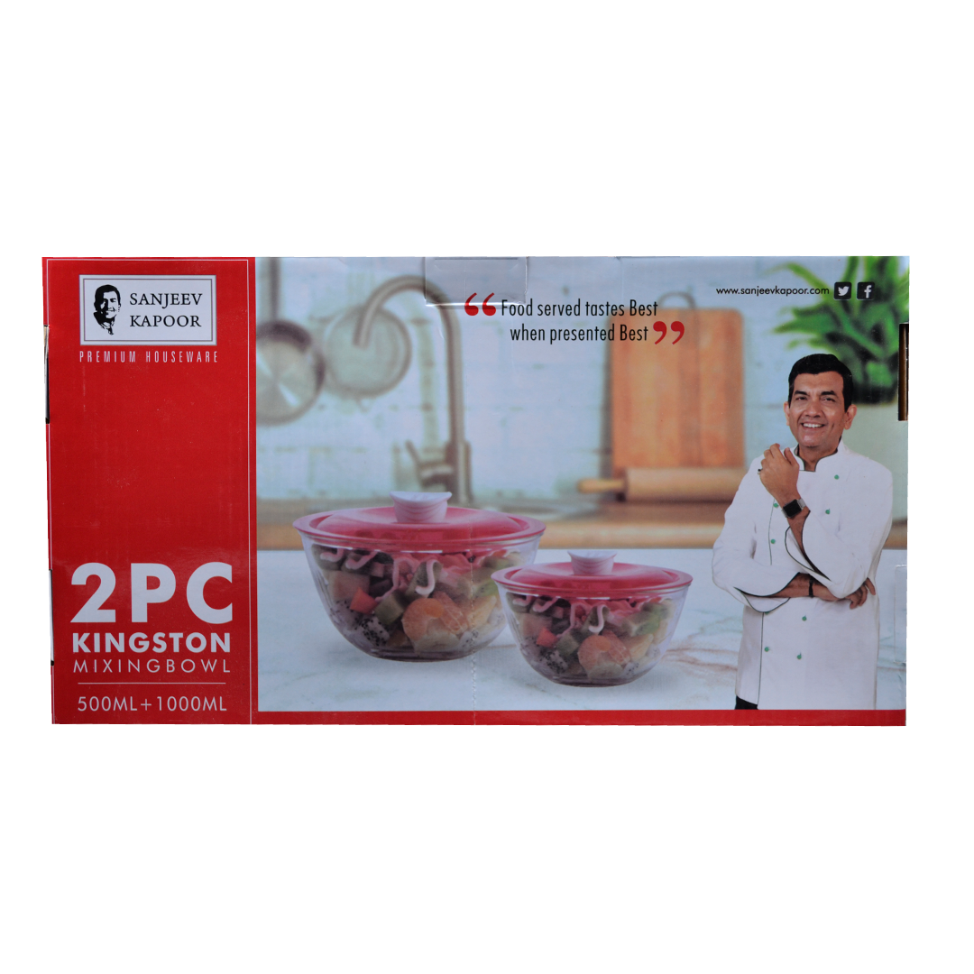 Sanjeev Kapoor - Kingston High Borosilicate Mixing Bowlset Of 2 Pc 500 Ml + 1000 Ml - Red Lid- With Gift Box