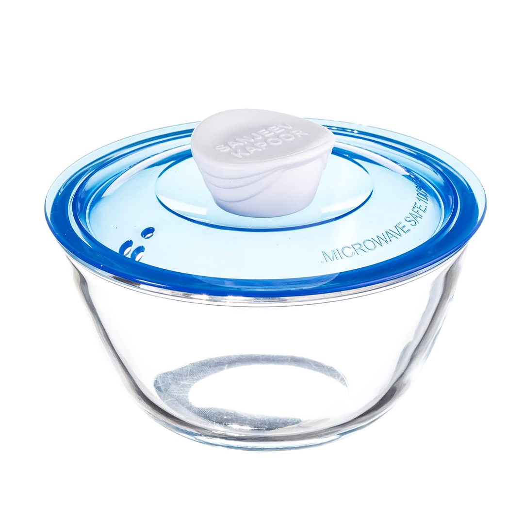 Sanjeev Kapoor - Kingston High Borosilicate Mixing Bowl Set Of 3 Pc 500 Ml+1000 Ml+1500 Ml-Blue Lid- With Gift Box