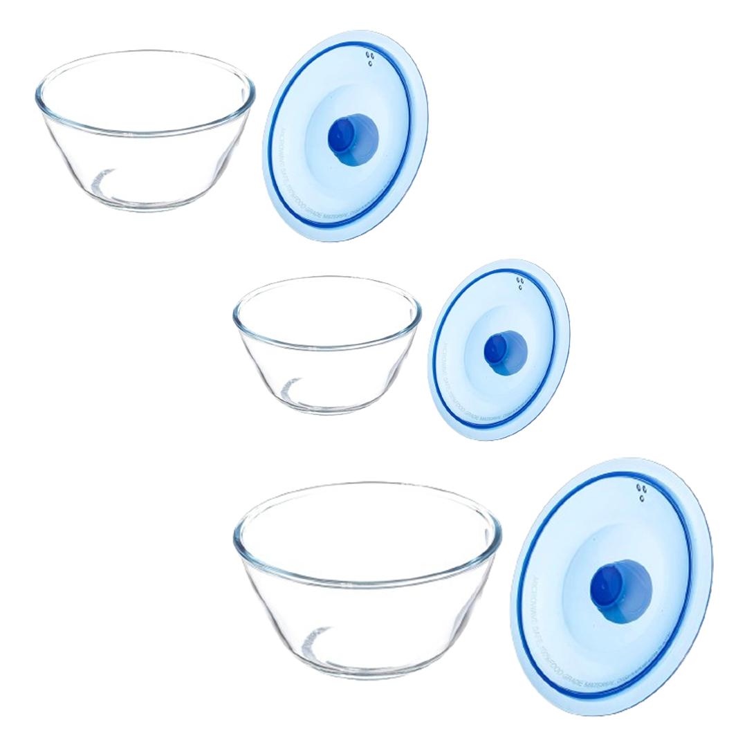 Sanjeev Kapoor - Kingston High Borosilicate Mixing Bowl Set Of 3 Pc 500 Ml+1000 Ml+1500 Ml-Blue Lid- With Gift Box