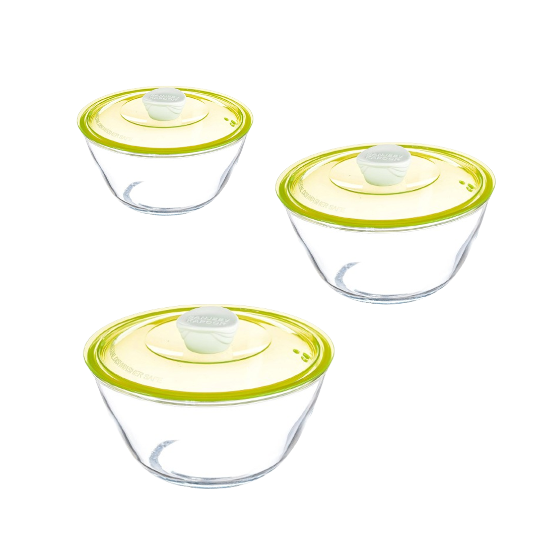 Sanjeev Kapoor - Kingston High Borosilicate Mixing Bowlset Of 3 Pc 500 Ml + 1000 Ml + 1500 Ml - Green Lid- With Gift Box