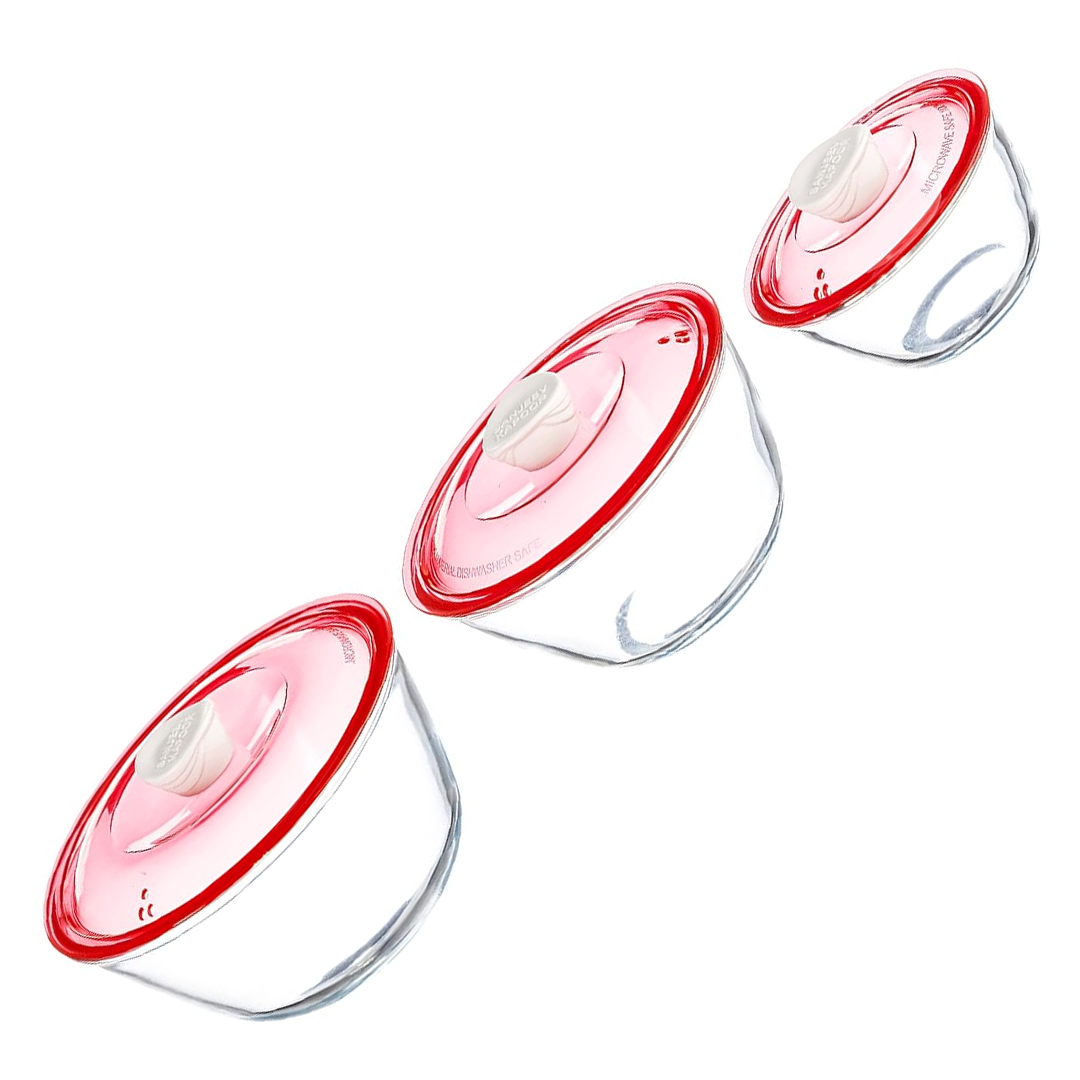 Sanjeev Kapoor - Kingston High Borosilicate Mixing Bowlset Of 3 Pc 500 Ml + 1000 Ml + 1500 Ml - Red Lid- With Gift Box