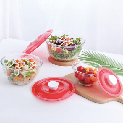 Sanjeev Kapoor - Kingston High Borosilicate Mixing Bowlset Of 3 Pc 500 Ml + 1000 Ml + 1500 Ml - Red Lid- With Gift Box