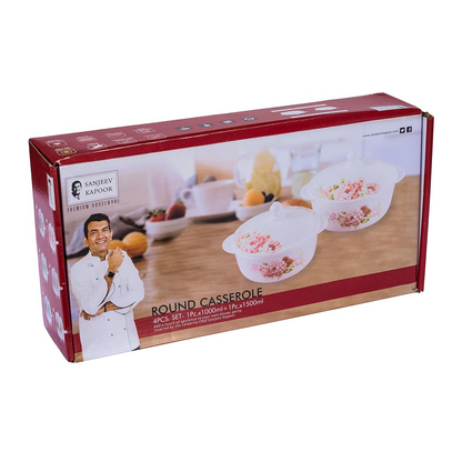 Sanjeev Kapoor - Lantana 4 Pcs White Round Casserole Set - With Lid- 1L +1.5L